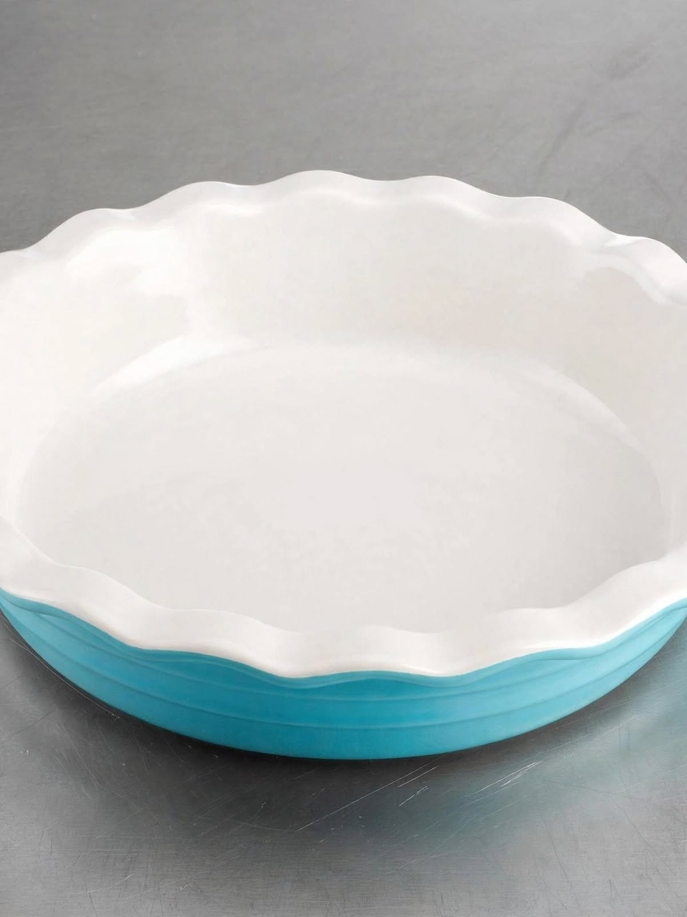 10 Inch Deep Dish Stoneware Pie Dish - White Interior with Aqua Exterior Pan New
